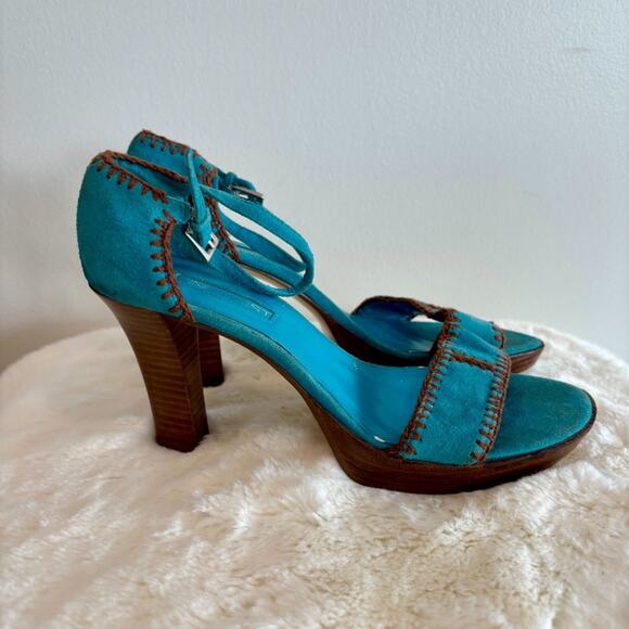 Nine West Strappy Block Heel Pumps Blue Suede Brown Stitching Size 8.5 M - Picture 5 of 7